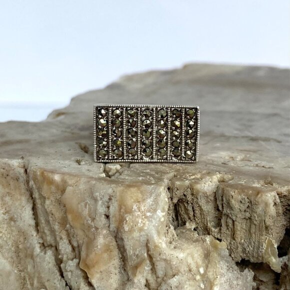 VTG Sterling Silver 925 7 Row Marcasite Rectangular Wide Band Ring Sz 5.5 - Picture 16 of 16